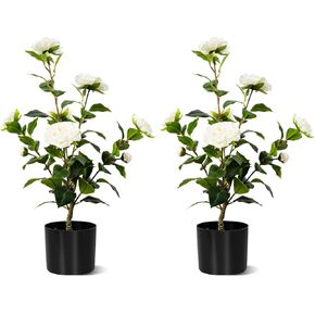 Artificial Camellia Tree 2 Pack, Artificial Plants Outdoor Faux Floral Plant in Cement Pot Fake Silk Camellia Tree Plants for Home House Living Room Office Decor in Saudi Arabia