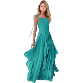 Chiffon Junior Bridesmaid Dress for Wedding Tiered A-Line Spaghetti Strap Ruffles Long Square Neck Flower Girl Dress in Kuwait