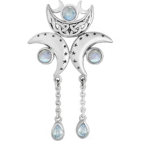 Women's Triple Crescent Moon Pendant - Sterling Silver Celtic Pagan Wiccan Moon and Star Jewelry with Natural Rainbow Moonstone in Kuwait