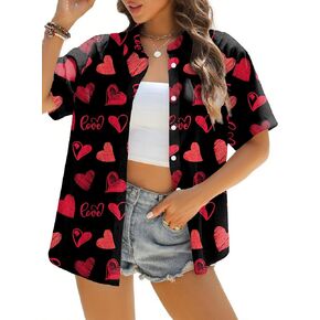 Valentine Shirts for Women Love Heart Shirt Button Down Short Sleeve Tops Valentine Day Gifts Casual Loose Blouses in Kuwait