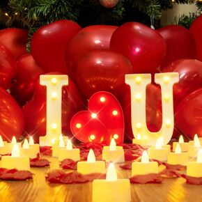 Homemory Marry Me Light Up Letters Proposal Decorations, Marry Me Sign with 24Pcs Flameless Candles 2000Pcs Red Fake Rose Petals 30Pcs Red Balloons for Valentine's Day Wedding Proposal Romantic Night in Kuwait