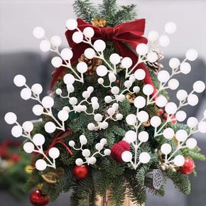 5Pcs Artificial White Berry Christmas Holly Berries Artificial Fruits Home Wedding Christmas Tree Decors DIY Crafts (7 Forks-18cm) in Saudi Arabia