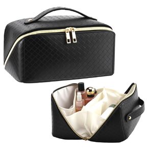 حقيبة مكياج للسفر ذات سعة كبيرة للنساء، حقيبة مستحضرات تجميل محمولة مقاومة للماء مع مقصورات، تصميم مسطح قابل للطي لسهولة الوصول، مثالية لمستلزمات التجميل ومستلزمات التجميل (أسود) in Kuwait