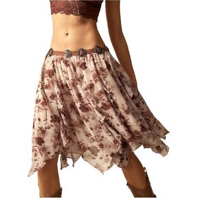 SHENHE Women's Western Boho Flowy Skirt Low Rise Floral Hankerchief Hem Swing Country Skirt in Kuwait