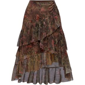 Women's Y2K Paisley Ruffle Skirt Boho High Low Asymmetrical Mesh Hippie Vintage Flowy Western Cowgirl Long Skirts in Kuwait