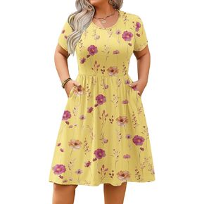 IN'VOLAND Womens Plus Size Summer Dress Short Sleeve Casual Mini Dresses Empire Waist T-Shirt Dress with Pockets in Kuwait