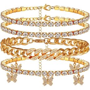 Layered Butterfly Anklet for Women Charms Butterfly Gold Silver Rhinestone Cuban Anklets Adjustable Anklet for Summer Beach in Kuwait