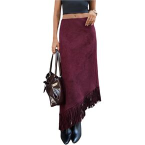 تنورة طويلة للسيدات من SweatyRocks بحاشية غير متماثلة وشرابة من طراز Boho Western تنانير طويلة طويلة منخفضة الارتفاع in Kuwait