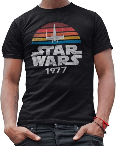 STAR WARS 1977 Distressed Logo Rainbow X-Wing Men's Adult T-Shirt(Navy Heather,X-Large) in Saudi Arabia