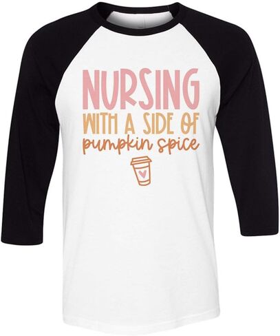 Nursing with a Side of Pumpkin Spice Three-Quarter Raglan Sleeve Baseball Shirt Unisex in Saudi Arabia