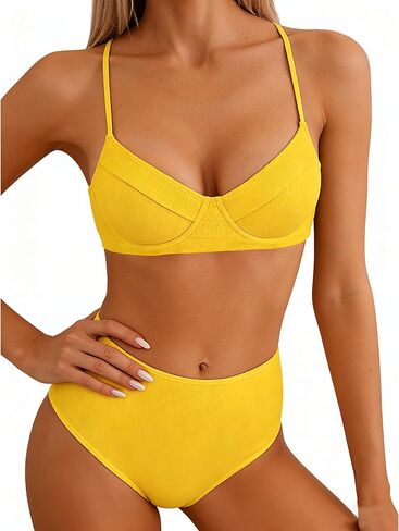 Jolefille Underwire بيكيني مجموعات للنساء عالية الخصر المايوه البطن تحكم مضلع لباس سباحة 2 قطعة رفع لباس سباحة in Kuwait