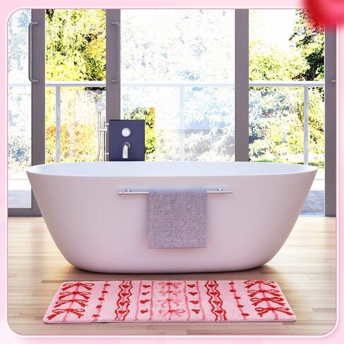 2 Pcs Happy Easter Bathroom Rugs Set Spring Soft Thick Plush Easter Eggs Bath Mat Non-Slip Washable Absorbent Pink Bow Bath Mat for Spring Indoor Bathroom Kitchen Decorations 20 x 47 Inch in Saudi Arabia