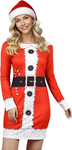 Women's Christmas Printed Tunic Dress Long Sleeve Crewneck Casual Costume Bodycon Dresses S-XXL in Saudi Arabia