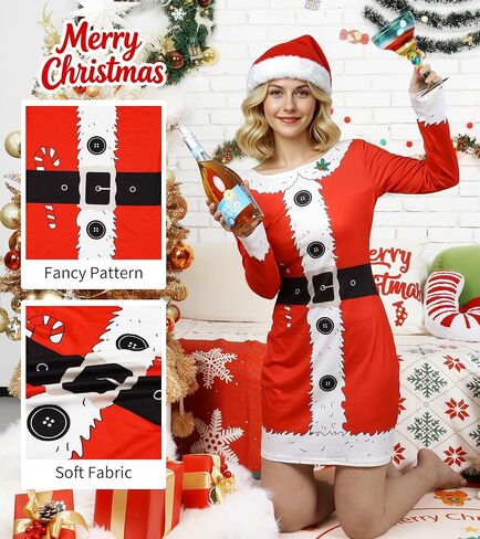 Women's Christmas Printed Tunic Dress Long Sleeve Crewneck Casual Costume Bodycon Dresses S-XXL in Saudi Arabia