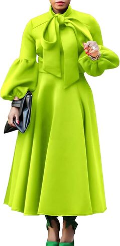 Women's Puff Long Sleeve Elegant Bow Tie Mock Neck Puff Long Sleeve A-Line Swing Midi Dress in Saudi Arabia