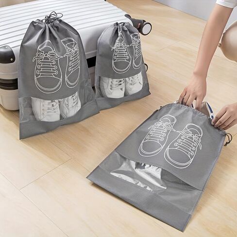 Drawstring Shoe Storage Bag Polyester Portable Foldable Transparent Travel Accessory Grey M in Saudi Arabia