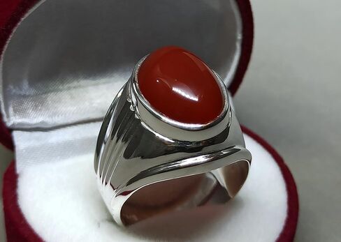 14 Carat Natural Yemeni Deep Brown Khabadi Aqeeq Mens Heavy Ring Sterling Silver 925 Handmade Carnelian Ring Gift for Him in Saudi Arabia