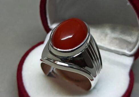 14 Carat Natural Yemeni Deep Brown Khabadi Aqeeq Mens Heavy Ring Sterling Silver 925 Handmade Carnelian Ring Gift for Him in Saudi Arabia