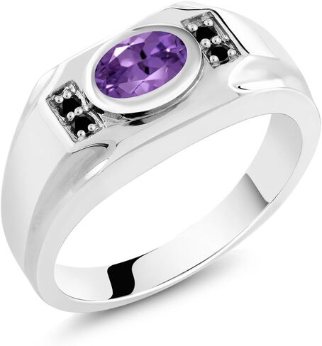 Gem Stone King Men's 925 Sterling Silver Purple Amethyst and Black Diamond Ring For Men | 1.23 Cttw | Gemstone February Birthstone | Oval 8X6MM | Available In Size 7, 8, 9, 10, 11, 12, 13 in Saudi Arabia