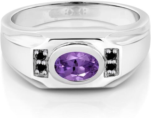 Gem Stone King Men's 925 Sterling Silver Purple Amethyst and Black Diamond Ring For Men | 1.23 Cttw | Gemstone February Birthstone | Oval 8X6MM | Available In Size 7, 8, 9, 10, 11, 12, 13 in Saudi Arabia