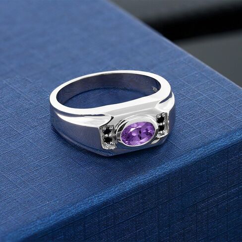 Gem Stone King Men's 925 Sterling Silver Purple Amethyst and Black Diamond Ring For Men | 1.23 Cttw | Gemstone February Birthstone | Oval 8X6MM | Available In Size 7, 8, 9, 10, 11, 12, 13 in Saudi Arabia