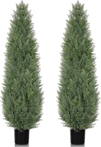 Artificial Cedar Topiary Trees 5 FT Faux Cedar Tree for Outdoor Planters Evergreen Plant, 60 inch UV Rated and Lush Fake Cypress Tree Shrubs for Gateway Front Door Porch Patio Garden, Set of 2 in Saudi Arabia