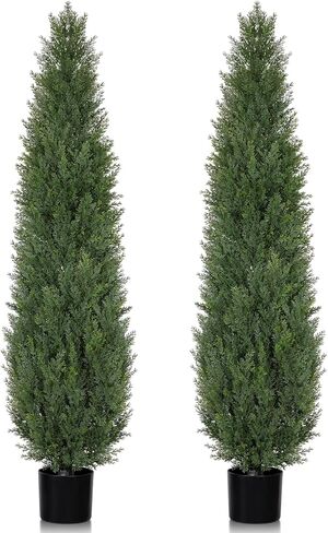 Artificial Cedar Topiary Trees 5 FT Faux Cedar Tree for Outdoor Planters Evergreen Plant, 60 inch UV Rated and Lush Fake Cypress Tree Shrubs for Gateway Front Door Porch Patio Garden, Set of 2 in Saudi Arabia