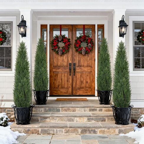 Artificial Cedar Topiary Trees 5 FT Faux Cedar Tree for Outdoor Planters Evergreen Plant, 60 inch UV Rated and Lush Fake Cypress Tree Shrubs for Gateway Front Door Porch Patio Garden, Set of 2 in Saudi Arabia