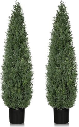 Artificial Cedar Topiary Trees 5 FT Faux Cedar Tree for Outdoor Planters Evergreen Plant, 60 inch UV Rated and Lush Fake Cypress Tree Shrubs for Gateway Front Door Porch Patio Garden, Set of 2 in Kuwait