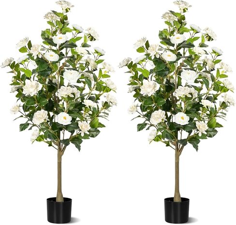 Artificial Camellia Tree 2 Pack, Artificial Plants Outdoor Faux Floral Plant in Cement Pot Fake Silk Camellia Tree Plants for Home House Living Room Office Decor in Saudi Arabia