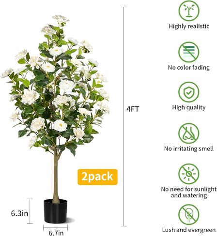 Artificial Camellia Tree 2 Pack, Artificial Plants Outdoor Faux Floral Plant in Cement Pot Fake Silk Camellia Tree Plants for Home House Living Room Office Decor in Saudi Arabia
