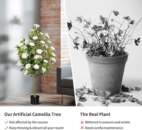 Artificial Camellia Tree 2 Pack, Artificial Plants Outdoor Faux Floral Plant in Cement Pot Fake Silk Camellia Tree Plants for Home House Living Room Office Decor in Saudi Arabia