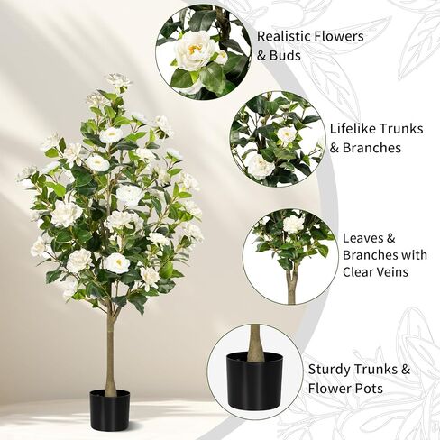 Artificial Camellia Tree 2 Pack, Artificial Plants Outdoor Faux Floral Plant in Cement Pot Fake Silk Camellia Tree Plants for Home House Living Room Office Decor in Saudi Arabia