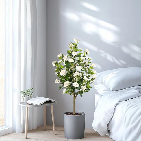 Artificial Camellia Tree 2 Pack, Artificial Plants Outdoor Faux Floral Plant in Cement Pot Fake Silk Camellia Tree Plants for Home House Living Room Office Decor in Saudi Arabia