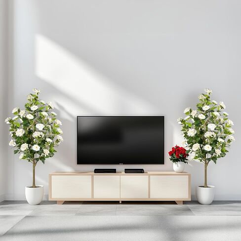 Artificial Camellia Tree 2 Pack, Artificial Plants Outdoor Faux Floral Plant in Cement Pot Fake Silk Camellia Tree Plants for Home House Living Room Office Decor in Saudi Arabia