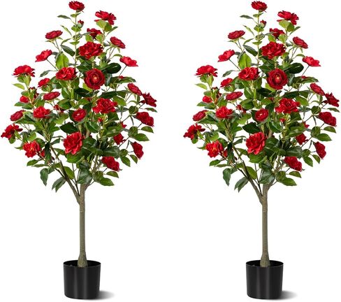 Artificial Camellia Tree 2 Pack, Artificial Plants Outdoor Faux Floral Plant in Cement Pot Fake Silk Camellia Tree Plants for Home House Living Room Office Decor in Saudi Arabia