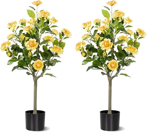 Artificial Camellia Tree 2 Pack, Artificial Plants Outdoor Faux Floral Plant in Cement Pot Fake Silk Camellia Tree Plants for Home House Living Room Office Decor in Saudi Arabia