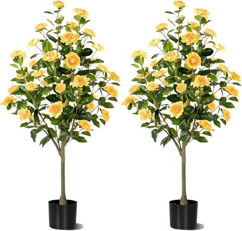Artificial Camellia Tree 2 Pack, Artificial Plants Outdoor Faux Floral Plant in Cement Pot Fake Silk Camellia Tree Plants for Home House Living Room Office Decor in Saudi Arabia