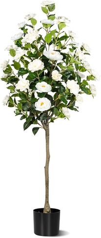 Artificial Camellia Tree 2 Pack, Artificial Plants Outdoor Faux Floral Plant in Cement Pot Fake Silk Camellia Tree Plants for Home House Living Room Office Decor in Saudi Arabia