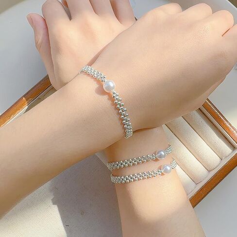 Silver Color Beads Braided Pearl Bracelet for Women Fashion Charm Bracelet Personalized Party Jewelry Birthday Gifts Perimeter 20cm in Saudi Arabia