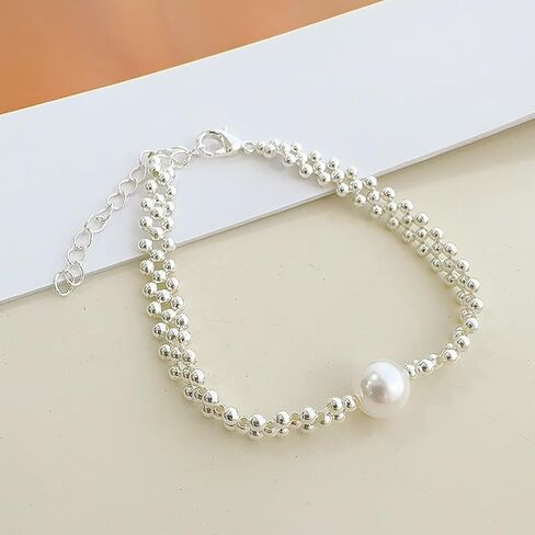 Silver Color Beads Braided Pearl Bracelet for Women Fashion Charm Bracelet Personalized Party Jewelry Birthday Gifts Perimeter 20cm in Saudi Arabia