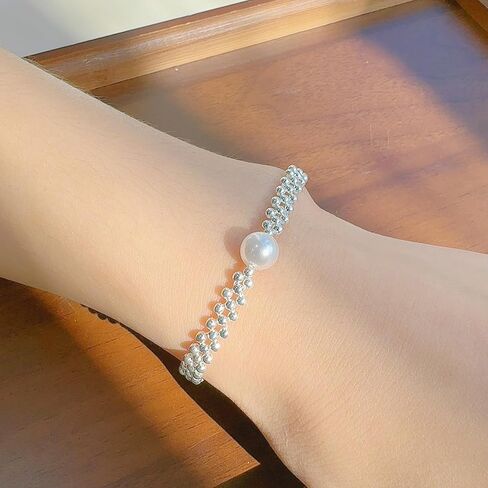 Silver Color Beads Braided Pearl Bracelet for Women Fashion Charm Bracelet Personalized Party Jewelry Birthday Gifts Perimeter 20cm in Saudi Arabia