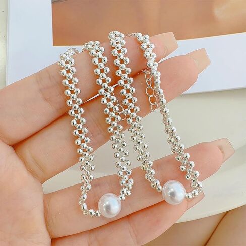 Silver Color Beads Braided Pearl Bracelet for Women Fashion Charm Bracelet Personalized Party Jewelry Birthday Gifts Perimeter 20cm in Saudi Arabia