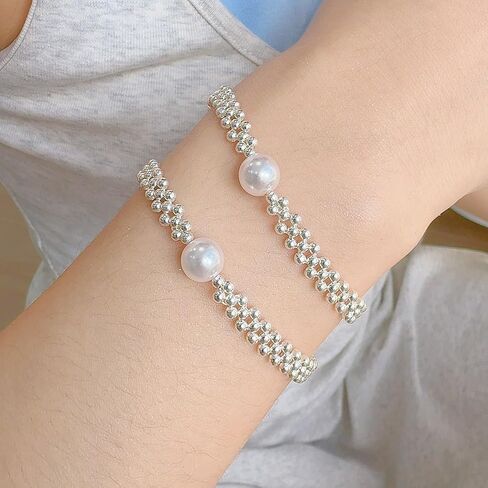 Silver Color Beads Braided Pearl Bracelet for Women Fashion Charm Bracelet Personalized Party Jewelry Birthday Gifts Perimeter 20cm in Saudi Arabia