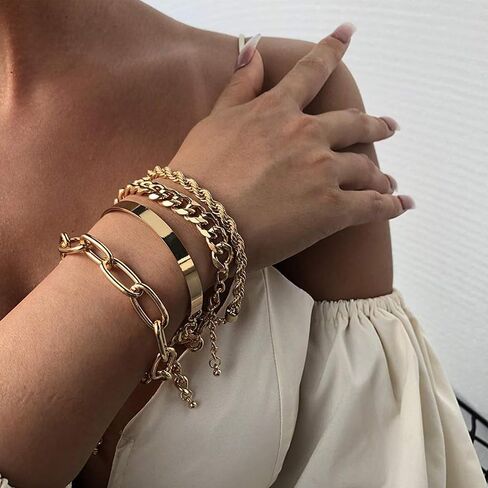 Women's 4-Piece Cute Charm Gold Bracelet Set Chunky Chain and Metal Layered Bracelet Set for Fashionable Women in Saudi Arabia