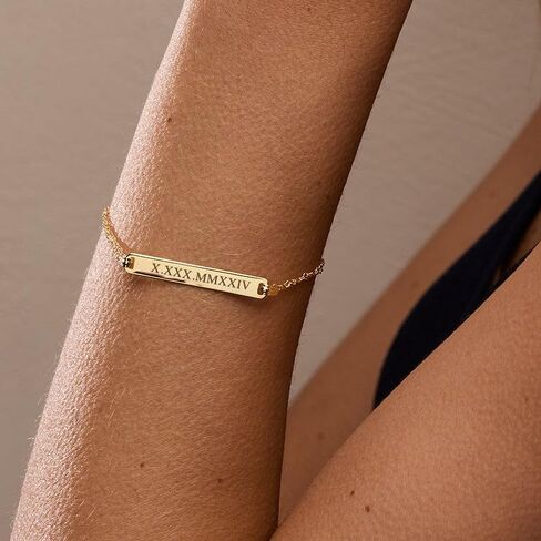 EVE'S ADDICTION Custom Engraved Silver Roman Numeral Bracelet Name Bar Date Bracelet - Personalized Jewelry for Her - Graduation Gift - Gifts for Mom in Saudi Arabia