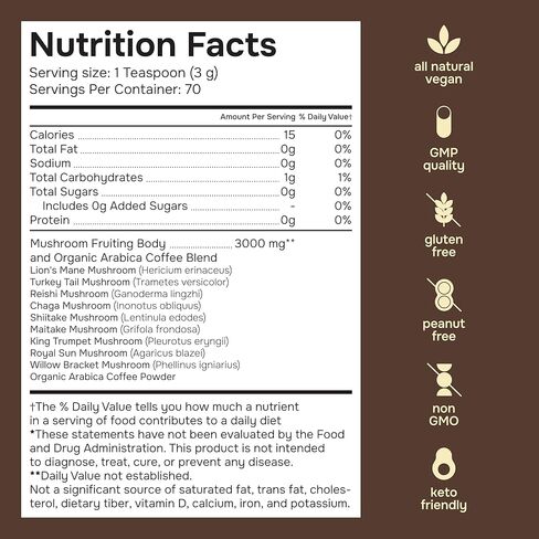 Mushroom Coffee - 9 Adaptogenic Mushrooms - Organic Lion's Mane, Chaga, Reishi, Turkey Tail, Instant Coffee - for Clarity, Focus, Energy, Immunity, Gut Health - Superfood - Sugar Free - 80 Servings in Saudi Arabia