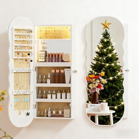 Lvifur LED Mirror Jewelry Cabinet - with RGB lights,Lockable Wall/Door Mounted Full Length Mirror with Storage,Hanging Jewelry Organizer-2 Drawers,Foldable Shelf,Built-in Lighted Mirror(White) in Kuwait