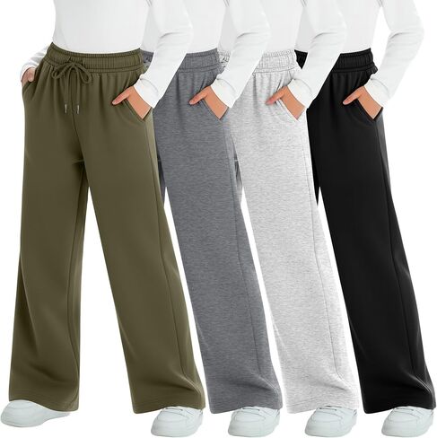 4 Pack Girls Sweatpants 5-14 Years Straight Elastic High Waist Baggy Pants Drawstring Wide Leg Pants Teen Pockets in Saudi Arabia