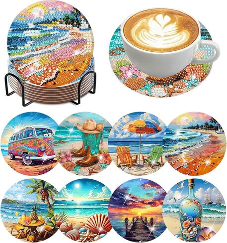 8 Pcs Diamond Art Coasters Kits, Diamond Art Kits for Adults Coasters, Beach Diamond Painting Coaster Kits, Small Diamond Painting Kits Art Craft Supplies in Kuwait